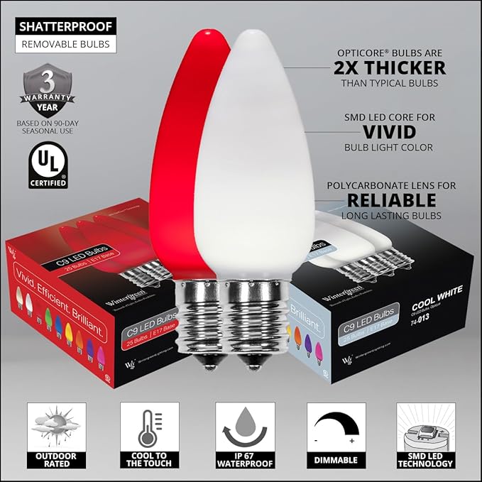 Wintergreen Lighting C9 OptiCore LED Commercial Outdoor Christmas Lights – Heavy Duty Christmas String Lights; Green Wire (50 Lights, 50 ft, Red/Cool White Smooth/Opaque)