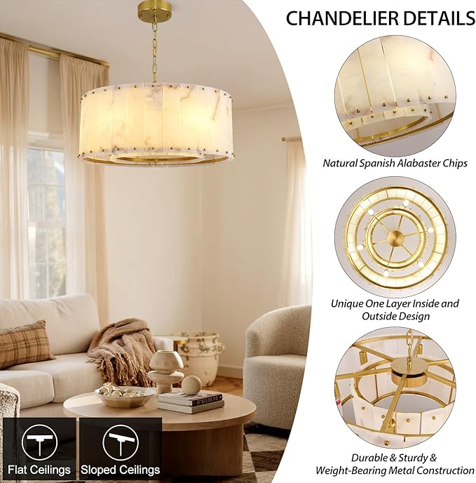 Alabaster Chandelier D24in Spanish Natural Marble Round Chandeliers,Alabaster Pendant Light Fixture,Modern Brass Dining Room Chandelier, Adjustable Gold Chandeliers for Bedroom,Bathroom,Entryway,Foyer