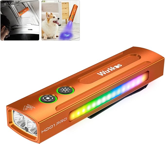 Wurkkos HD01PRO UV Flashlight with UV Light&White LED Combo,Led Flashlight 1200Lumens Flat Flashlight with RGB Light,Rechargeable EDC Flashlight,Pocket Light for Emergency,Pet Urine Detection(Orange)