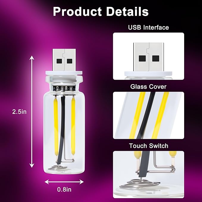 Car USB Night Light Touch Dimmable - 2-Pack Retro LED Filament Lamp for Truck Interior, Bedroom & Camping | Glass Bottle Ambiance Lighting (Pink)