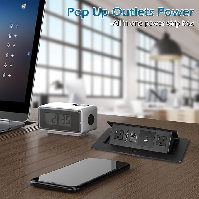 Table Pop Up Outlet,Automatic Pop up Strip Center countertop Socket Recessed Multimedia Strip Socket & USB+ 2AC+ LAN Network Connection Box Desktop HDMI for Conference Desk, Office, Hotel(Black-2)