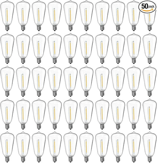E12/C7 Base LED Replacement Bulbs for ST38 Outdoor String Lights - Not Solar, Vinatge 1W LED Shatterproof Bulb, Warm White 2200K, 50 Pack