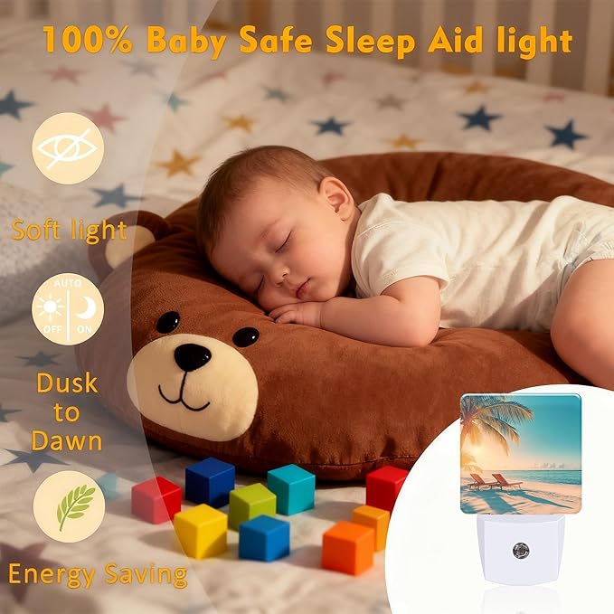 Beach and Sunset Night Light for Kids, Dusk-to-Dawn Auto Sensor Plug in Night Light, 0.5W Energy Saving Non-Toxic Design for Bedroom/Bathroom, Ideal Gifts for Women, Men & Kids
