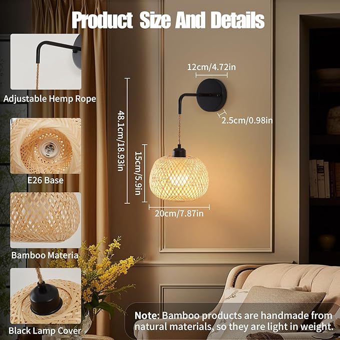 Battery Operated Wall Sconce Set of Two, Bamboo Rechargeable Wireless Sconces with Remote, Dimmable Non-Hardwired Farmhouse Boho Wall Lights for Bedroom Living Room (Black,8 inches)