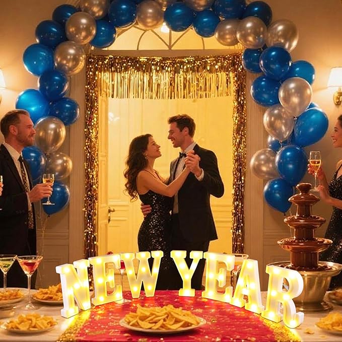 7 Pcs New Year Large LED Letter Sign LED Lights Battery Powered Table Decoration for New Year Christmas Party Tabletop Decoration