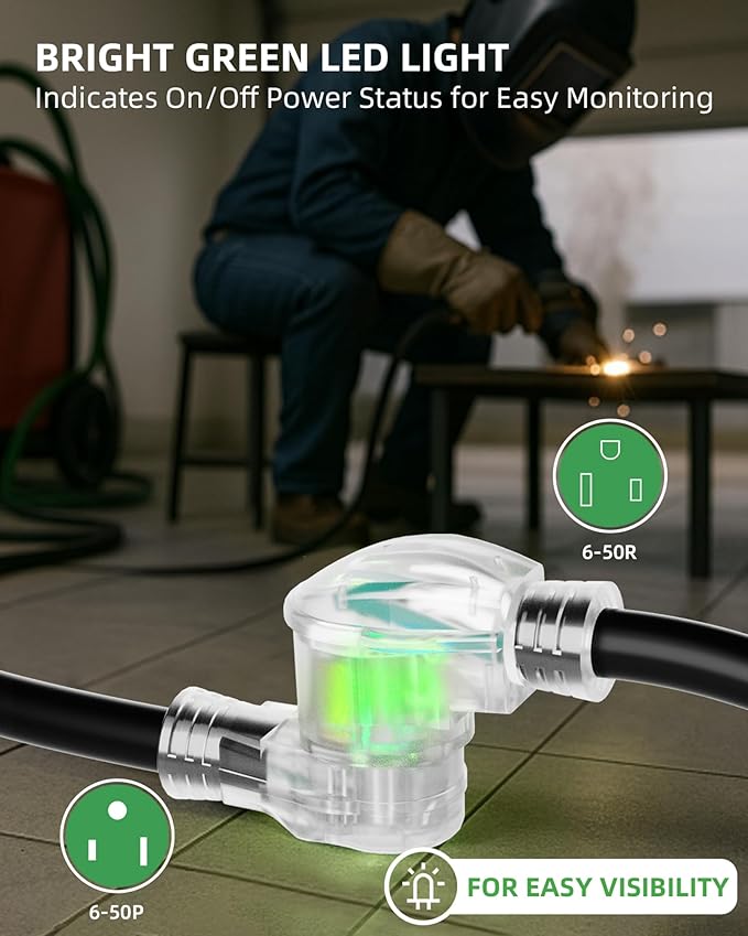 25ft 250V Welder Extension Cord, 8 Gauge Heavy Duty Outdoor Welding Cord with LED Indicator, NEMA 6-50P to 6-50R, 30 Amp 3 Prong Power Extension for Welding Machines, 8 AWG STW, ETL Listed