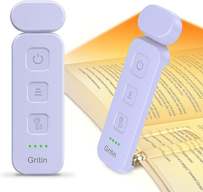 Gritin Reading Light, Book Light for Reading in Bed - Eye Caring 3 Colors, 5-Level Dimmable Brightness,Long Lasting, Compact Size Rechargeable Clip on Book Reading Light for Book Lovers-Purple