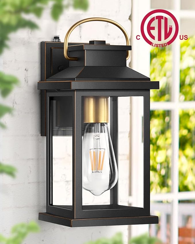 VIANIS Porch Lights Outdoor, Black Gold Accents Dusk to Dawn Exterior Garage Lighting Fixtures Wall Mount for House, Modern Outdoor Wall Sconce Lanterns Lighting for Front Porch Patio, Anti-Rust