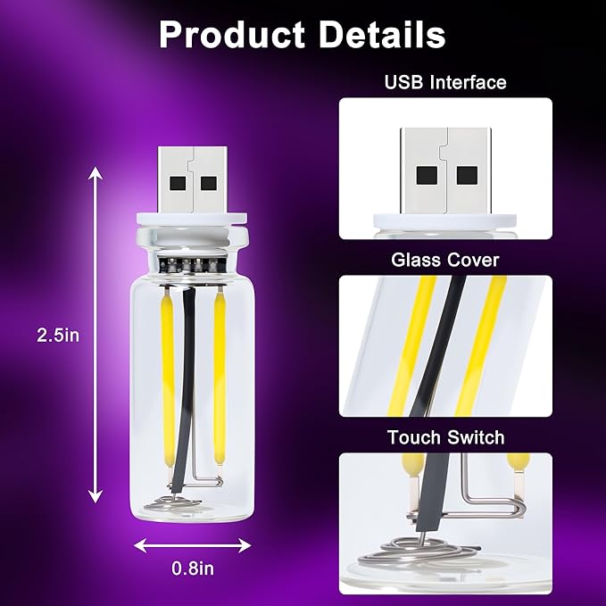Car USB Night Light Touch Dimmable - 2-Pack Retro LED Filament Lamp for Truck Interior, Bedroom & Camping | Glass Bottle Ambiance Lighting (Purple)