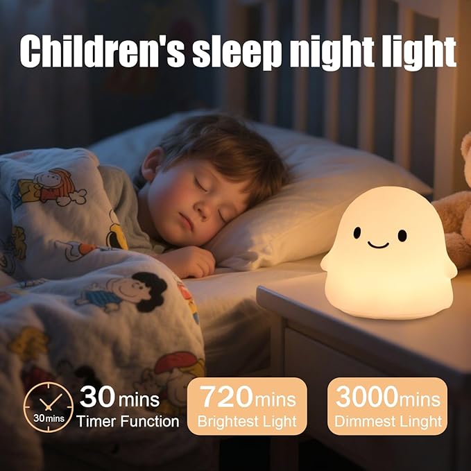 Halloween Ghost Night Light, 50-Hour Battery & Pat Control, Cute Squishy Lamp for Kids Room Decor, USB Rechargeable with Timer, Cute Home Decor
