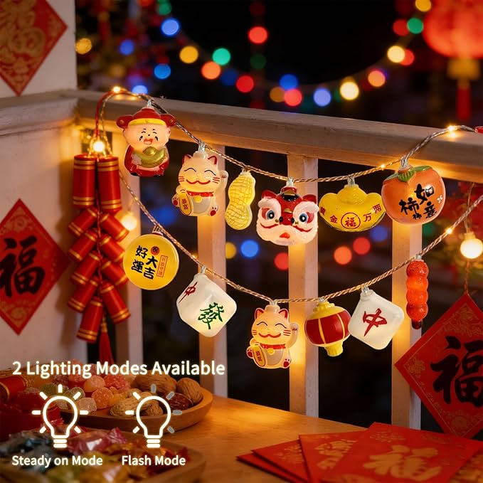 Chinese New Year LED Lights 10FT 20LED Spring Festival String Lights 2026 Chinese Lunar Decorations with 10 Lucky 3D Patterns Battery Operated 2 Lighting Modes for Chinese New Year Housewarming Decor