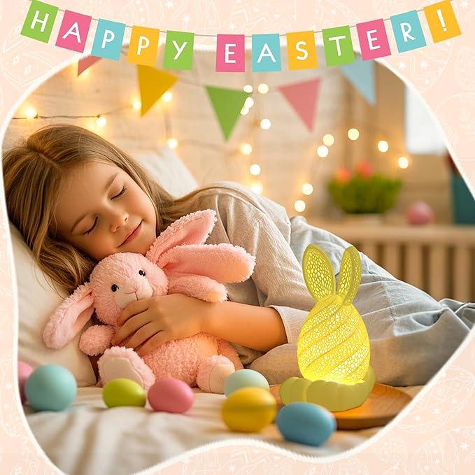 Easter Bunny Night Light, Rechargeable & Dimmable 3D Printed Cute Rabbit Lamps, Portable Animal Nightlight for Girls & Boys, Unique Spring Party Favors Easter Basket Stuffers for Kids Teens(Yellow)