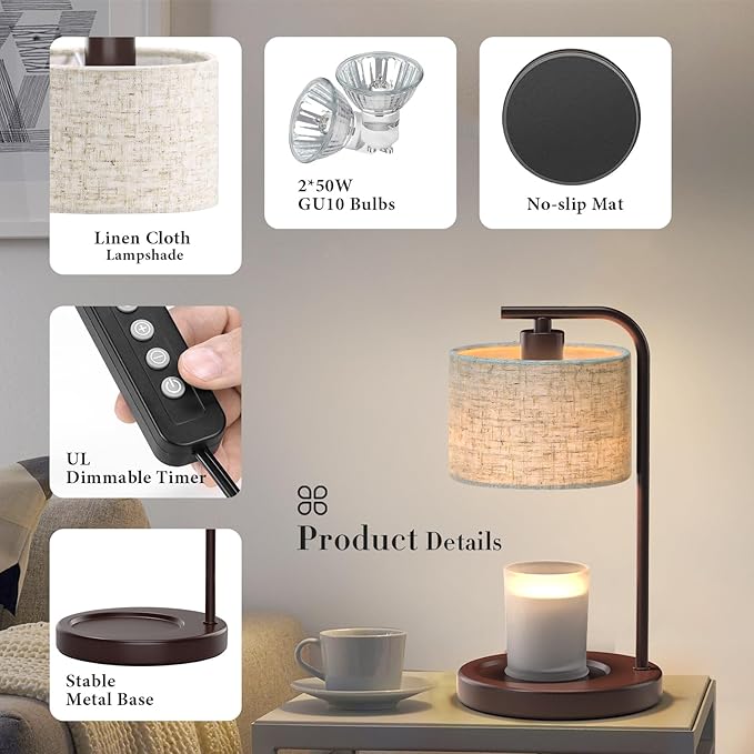 Brown Candle Warmer Lamp with Timer Dimmer, Electric Candle Warmer Wax Heater, Birthday Gifts for Women Her, Mom, House Warming Gifts New Home