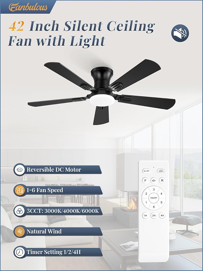 Fanbulous 42 Inch Ceiling Fans with Lights and Remote, Low Profile Indoor Black Ceiling Fan with 6 Speeds & 3CCT, Flush Mount, Dual-Finish 5 Blades,Quiet DC Motor for Living Room Bedroom