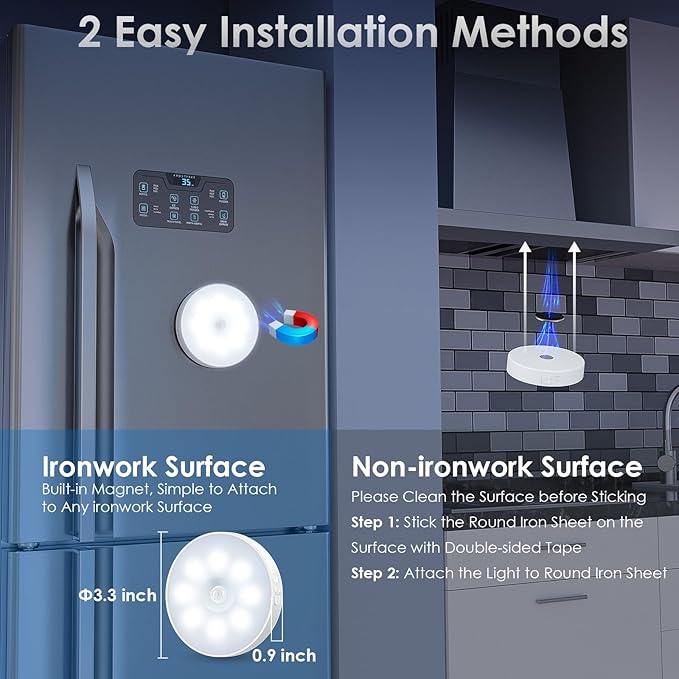 Motion Sensor Puck Light with Remote, Wireless Dimmable Under Cabinet Lighting, Rechargeable Magnetic Closet Night Light, 8-Pack, Cool White