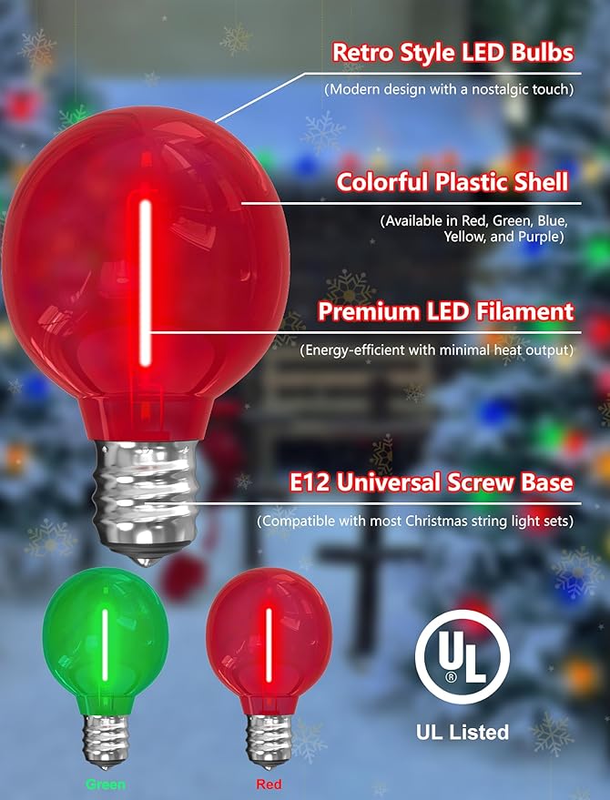 25 Pack G40 Red & Green LED Globe Replacement Bulbs, Dimmable E12 Screw Base Shatterproof Small Globe Light Bulbs for Outdoor String Lights and Indoor Outdoor Christmas String Lights & Patio Decor