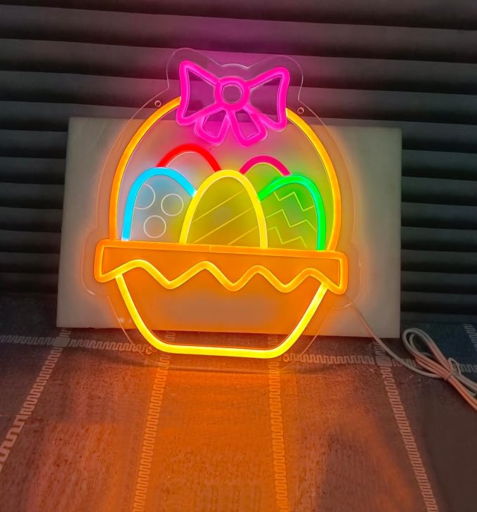 Easter Eggs Neon Signs for Wall Decor, Easter Egg Baskets with Bow Decorations Gifts, USB Dimmable LED Neon Lights Sign Party Decor for Bedroom Window Door Yard Bar Classroom Church