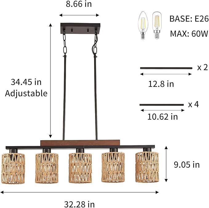 Boho Dining Room Light Fixture, 5-Light Rattan Chandelier, Farmhouse Woven Large Coastal Wicker Wood Bamboo Bohemian Rustic Rectangle Black Linear Pendant Lights Over Table for Kitchen Island