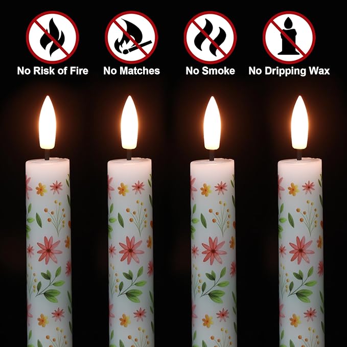 Floral Flameless Taper Candles with Remote Timer, LED Taper Candles Battery Operated Warm 3D Wick Flickering, Real Wax CandleSticks, Wedding Birthday Christmas Decor