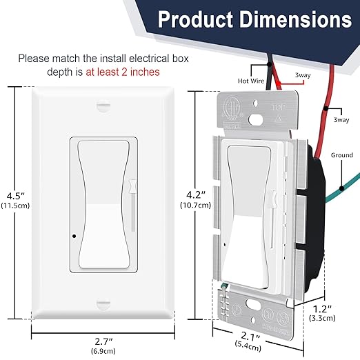 Dimmer Light Switch,Greencycle 2PK Single Pole/3 Way Dimmer Switch for Dimmable 150W LED CFL Light,600W Halogen and Incandescent,15A 120V,Neutral Wire Not Required,Residential/Commercial,ETL Listed