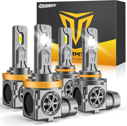 9005/HB3 H11/H8/H9 LED Bulbs Combo, 110,000LM Insane Brightness, Real 1:1 Mini Size, 6500K White 70,000Hrs Long Service Life with Cooling Fans, Plug N Play, Pack of 4