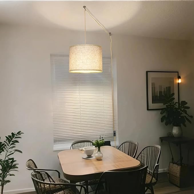 Plug in Pendant Light, Hanging Lamp with Plug in Cord, Rustic Farmhouse Hanging Lights with 3-Way Dimmable Bulb, Pendant Lights Fixtures for Kitchen Dining Room Bedroom Entryway, (Beige Shade)