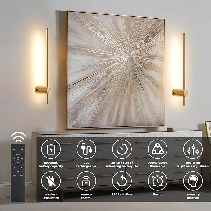 Battery Operated Wall Sconce USB Rechargeable Sconces, 23.6" Brushed Gold Wireless Wall lamp Set of 2, 3000K-6000K & Dimming with Remote Control, LED Wall Lights for Living Room, Bedroom
