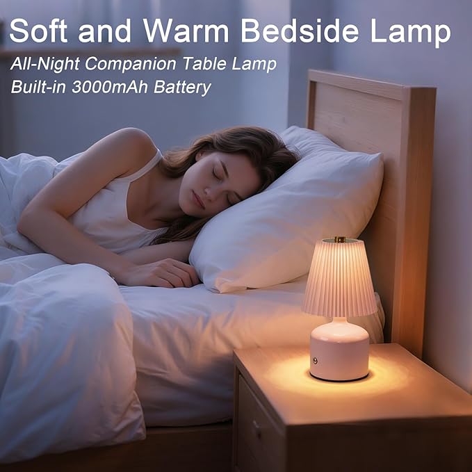 Small Cordless Table Lamp Rechargeable Desk Lamp, 3 Color Stepless Dimming, Metal Base Pleated Table Lamp for Bedside, Bedroom, Dining Room, Living Room (Pink)