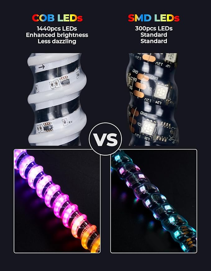 KEMIMOTO 2pc 3ft COB Whip Lights, 1440pcs LEDs High Density, Bluetooth-connectivity App Control LED Whip Lights for Side by Side UTV ATV Buggy Compatible with Can-Am Maverick X3 Polaris RZR