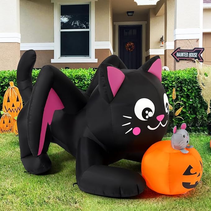 COMIN 5 FT Halloween Inflatables Cat Outdoor Decorations Blow Up Yard Pumpkin with Built-in LEDs for Indoor Party Garden Lawn Decor