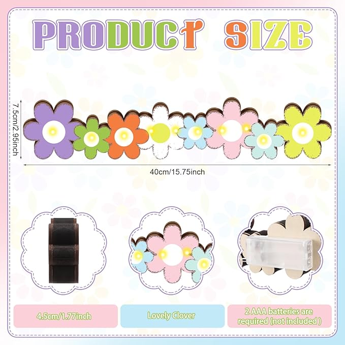 Yousoontic Spring Easter Decorations Daisy Flower Table Centerpieces, Light up 3D Wooden Floral Sign with LED Lights, Colorful Farmhouse Spring Decor for Home Mantel Desk Office Party