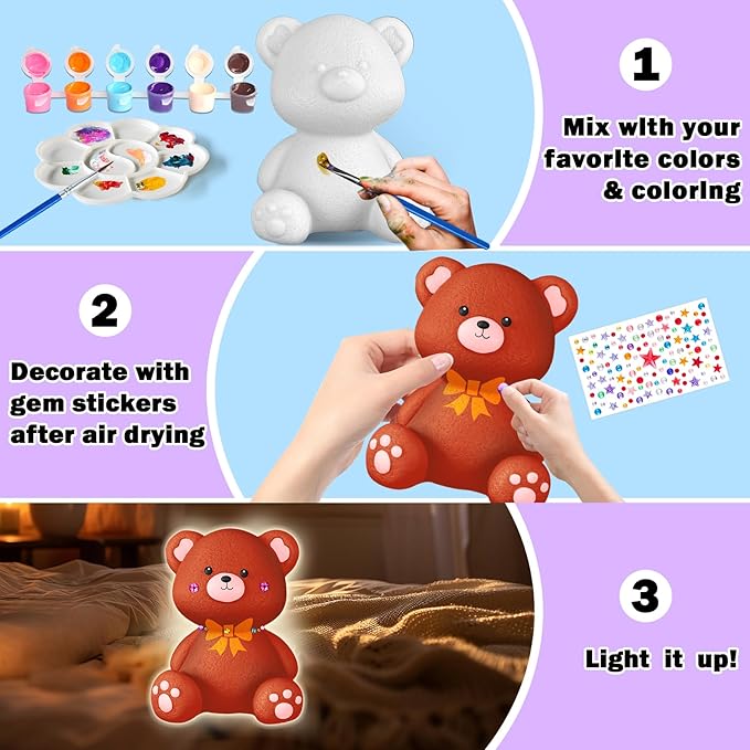 FUNZBO Paint Your Own Bear Lamp Kit - Arts and Crafts Supplies Painting Kits for Kids Teens, DIY Night Light Toy for Toddlers Girls Boys Ages 3 4 5 6 7 8 9 10 11 12 Christmas Birthday Gifts