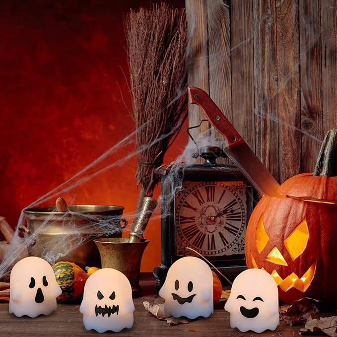Wondise Halloween Flameless Candles with Remote & Timer, 6 Pack Ghosts Battery Operated LED Flickering Candles for Halloween Decorations Home Decor
