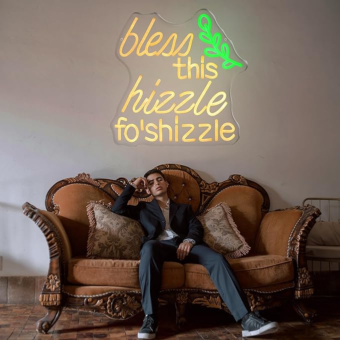 Bless This Hizzle Fo' Shizzle Neon Lights Warm White Letters LED Lamp Funny Humor Light up Farmhouse Rustic Decorations for Home Porch Living Room Office Decor