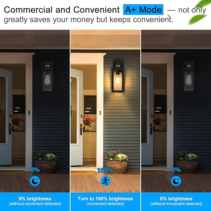 2-Pack Motion Sensor Outdoor Wall Lights, Upgraded Dusk to Dawn Exterior Wall Sconces Lanterns with Seeded Glass, Porch Light Fixtures Outside Lights for House Front Door Entryway Garage, Black