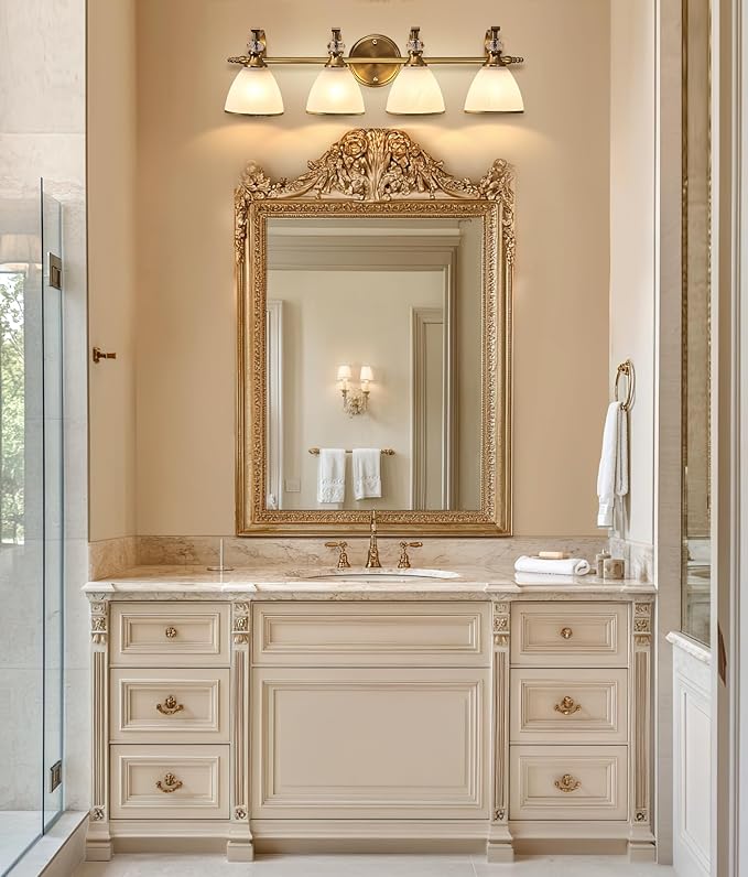 ANDY STAR Brushed Gold Vanity Light, 4-Light Bathroom Light Fixtures, Vintage Wall Lamp with Bell Shaped Frosted Lampshade, 27.8 Inch Bathroom Lighting Fixtures Over Mirror, (Bulbs Not Included)