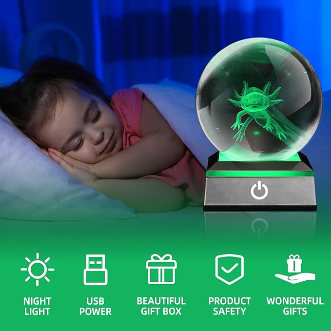 3D Axolotl Crystal Ball Night Light 3.15 inch Glass Ball Table Lamp with Color Changing Touch Base Decor Ideal Axolotls Gifts for Friends Kids Christmas Birthday