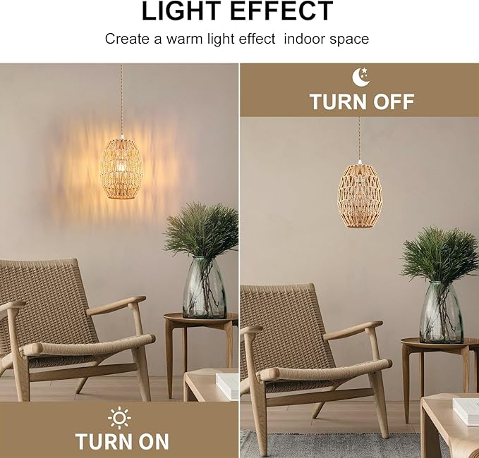 3-Light Rattan Pendant Light, Boho Chandelier Light Fixture, Small Wicker Light Fixture, Wicker Chandelier, for Bedroom Kitchen Island, ETL Listed
