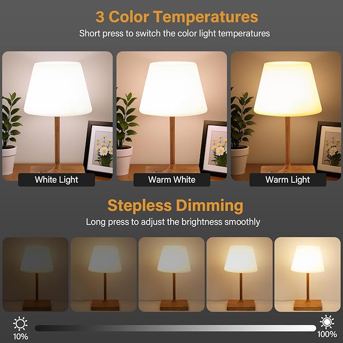 Cordless Table Lamp Waterproof,4000mAh Battery Rechargeable Desk Lamp for Indoor & Outdoor Use,3 Color-temps & Dimmable LED Night Light for Shower Bedroom Restaurant Bathroom Home 10.8"H- Wood Grain