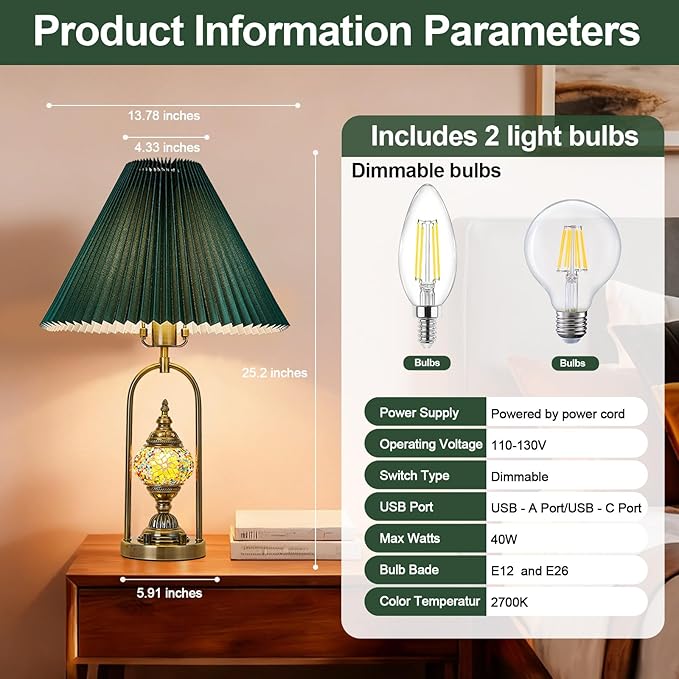beaysyty Vintage Mosaic Table Lamp Set of 2, 25.2 Inch Decorative Bedside Lamps with Pleated Shade, USB Charging Ports, Colored Glass Globe Night Light, Bronze Gold Finish and Green lampshade
