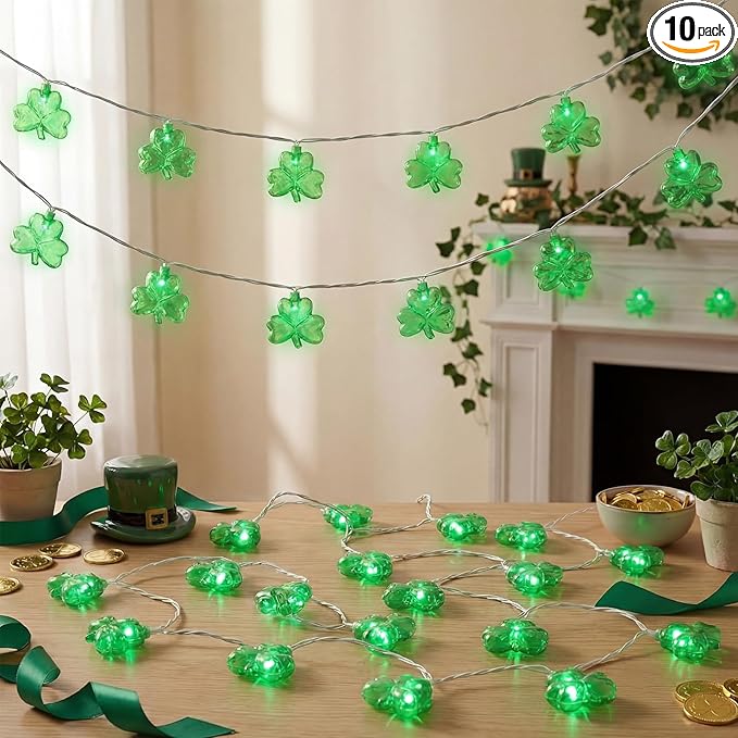 Outdoor St. Patrick's Day String Lights, 8.5Ft St. Patrick Decoration Lights with 10 Clover Lights, Plug in Shamrocks Lights Indoor for Garden Bedroom Birthday, Green Clover Decor