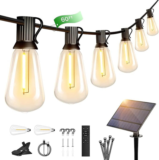 OHLUX 60FT Solar Globe String Lights Outdoor, Shatterproof Solar Patio Lights with Remote, 27 Dimmable ST38 LED Filament Bulbs, 2200K Soft Warm White Edison Hanging Light for Outside Canopy Deck