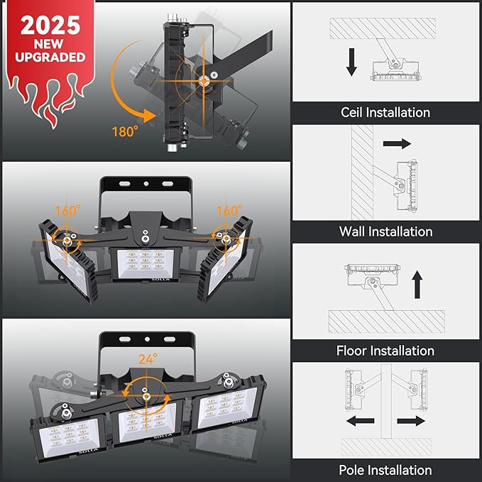 150W 2024 Plus New Upgraded LED Outdoor Flood Light, 15000LM 6000K Daylight White IP66 Waterproof, Stadium Lights, 3 Heads Adjustable Outdoor Floodlight Security Lights for Yards, Patios, Street