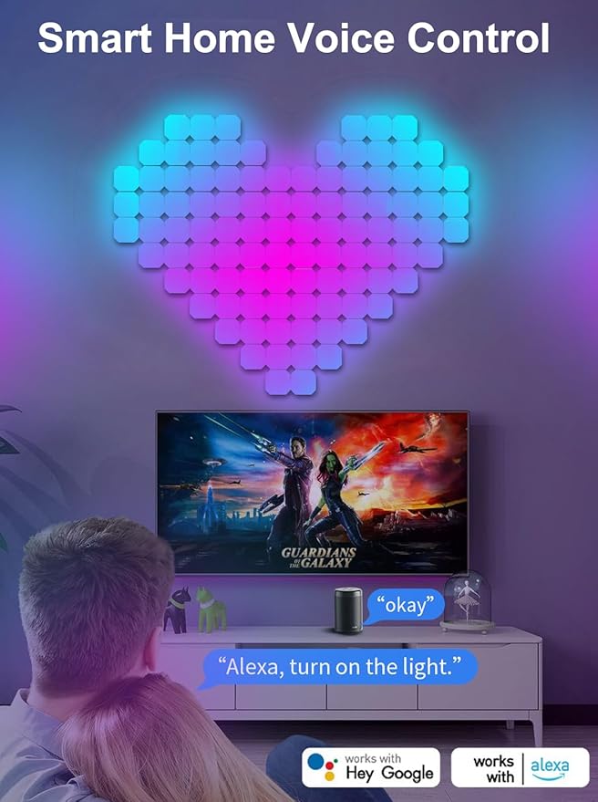 Hexagon LED Panel Lights 12PCS, Smart RGB IC Gaming Wall Lights DIY Panels Work with Alexa Google Assistant, Square Cube Sync with Music App Control for Gaming Setup Room Decor Bedroom TV Gamer Gifts