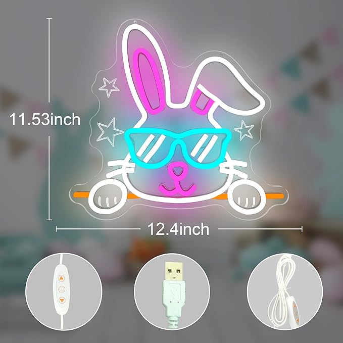 Bunny Neon Sign Happy Easter Neon Light for Home Dimmable Easter Decorations Neon Wall Art Glasses Rabbits LED light Sign for Bar Office Shop Bunny Window Lights Glow in The Dark Bunny
