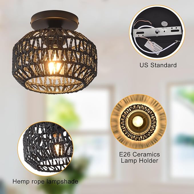 2 Pack Farmhouse Light Fixtures Ceiling Mount,Mini Rattan Boho Semi Flush Mount Ceiling Light,Hand Woven Hallway Light Fixtures for Bedroom Entryway