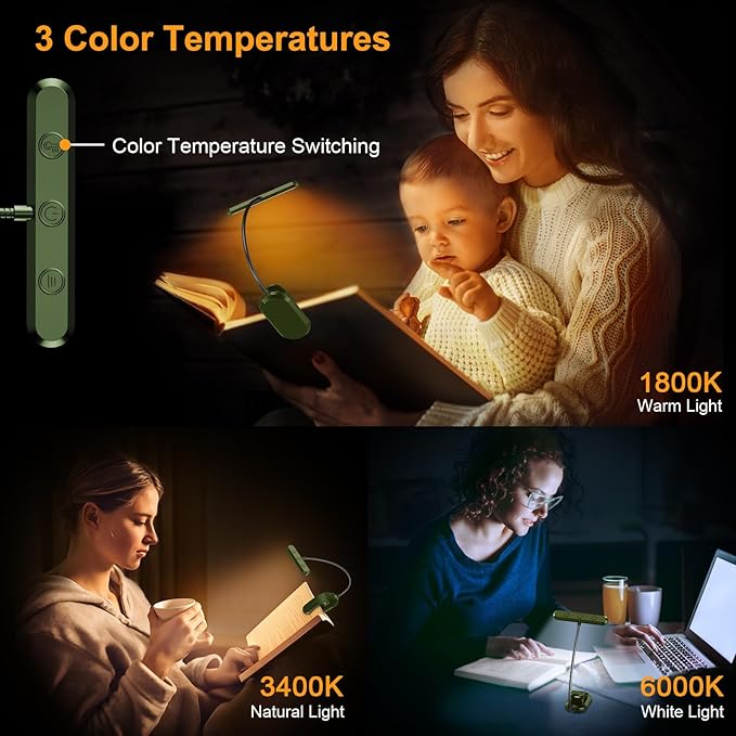 Gritin Rechargeable Book Light for Reading in Bed with 19 LED &Memory Function-Eye Caring 3 Color Temperatures,5 Brightness Levels,90 Hrs Runtime Flexible Goose Neck Clip on Light-Deep Green