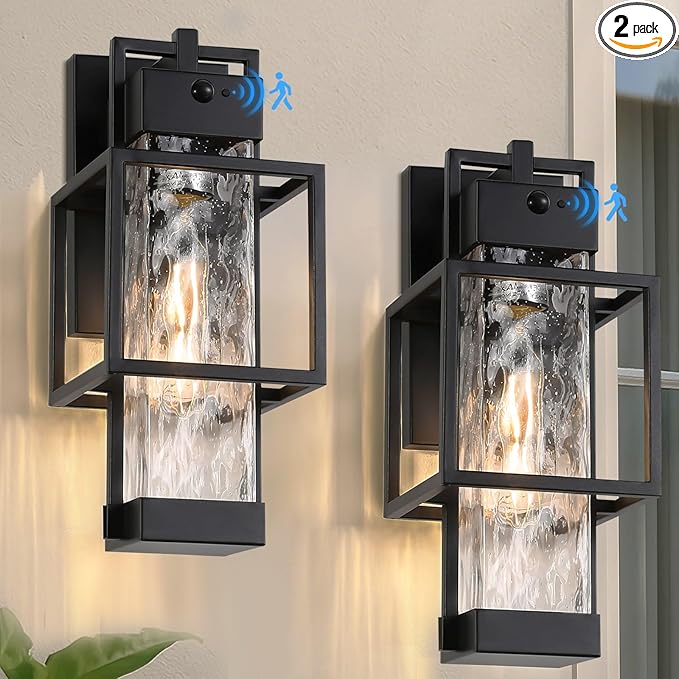 Outdoor Motion Sensor Lights 2 Pack, Dusk to Dawn Outdoor Lighting Exterior Lighting Fixtures with Water Glass, Waterproof Sconce Wall Mount for House Porch Patio Garage, Bulb Included