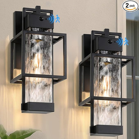 Outdoor Motion Sensor Lights 2 Pack, Dusk to Dawn Outdoor Lighting Exterior Lighting Fixtures with Water Glass, Waterproof Sconce Wall Mount for House Porch Patio Garage, Bulb Included