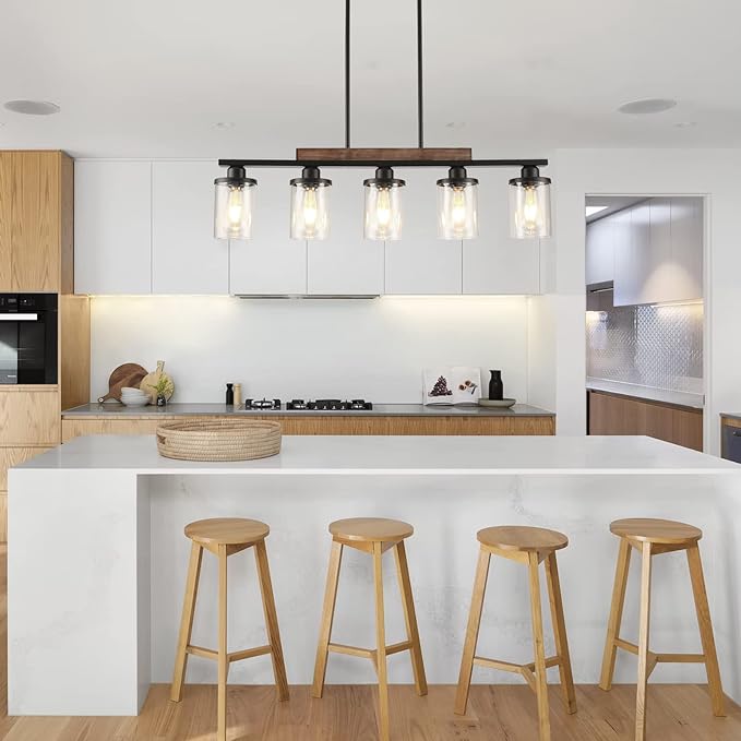 Dining Room Light Fixture,5-Light Kitchen Island Lighting Farmhouse Chandelier,Matte Black Metal Wood Industrial Pendant Lighting,Modern Dining Table Lights